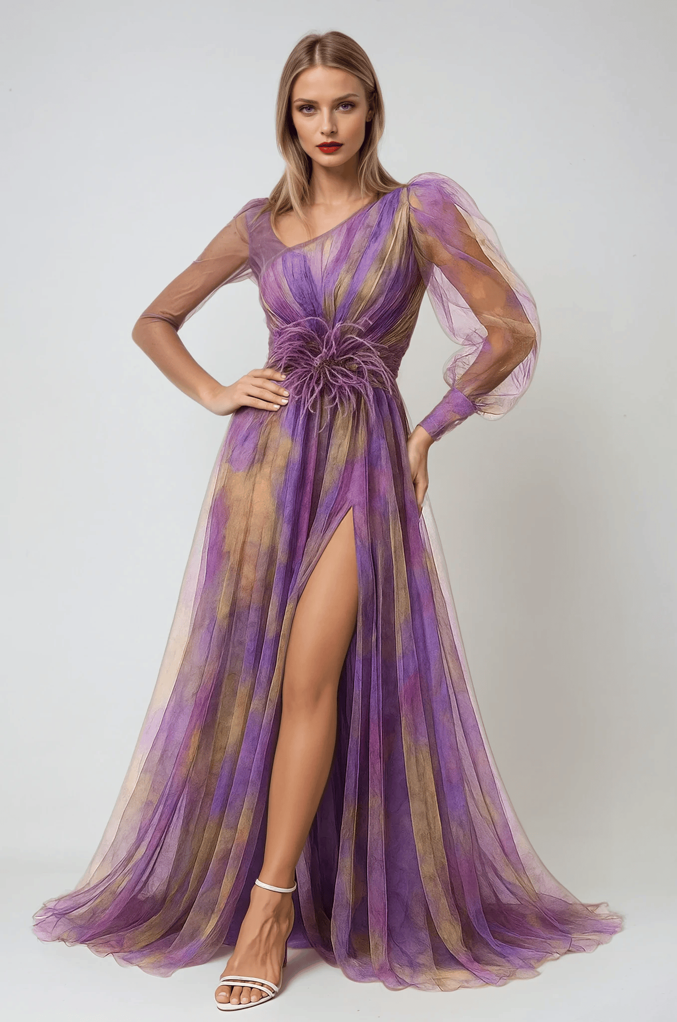 Velira Maxi Dress Vakarinė asimetrinė rankovė Maxi vakarinė suknelė