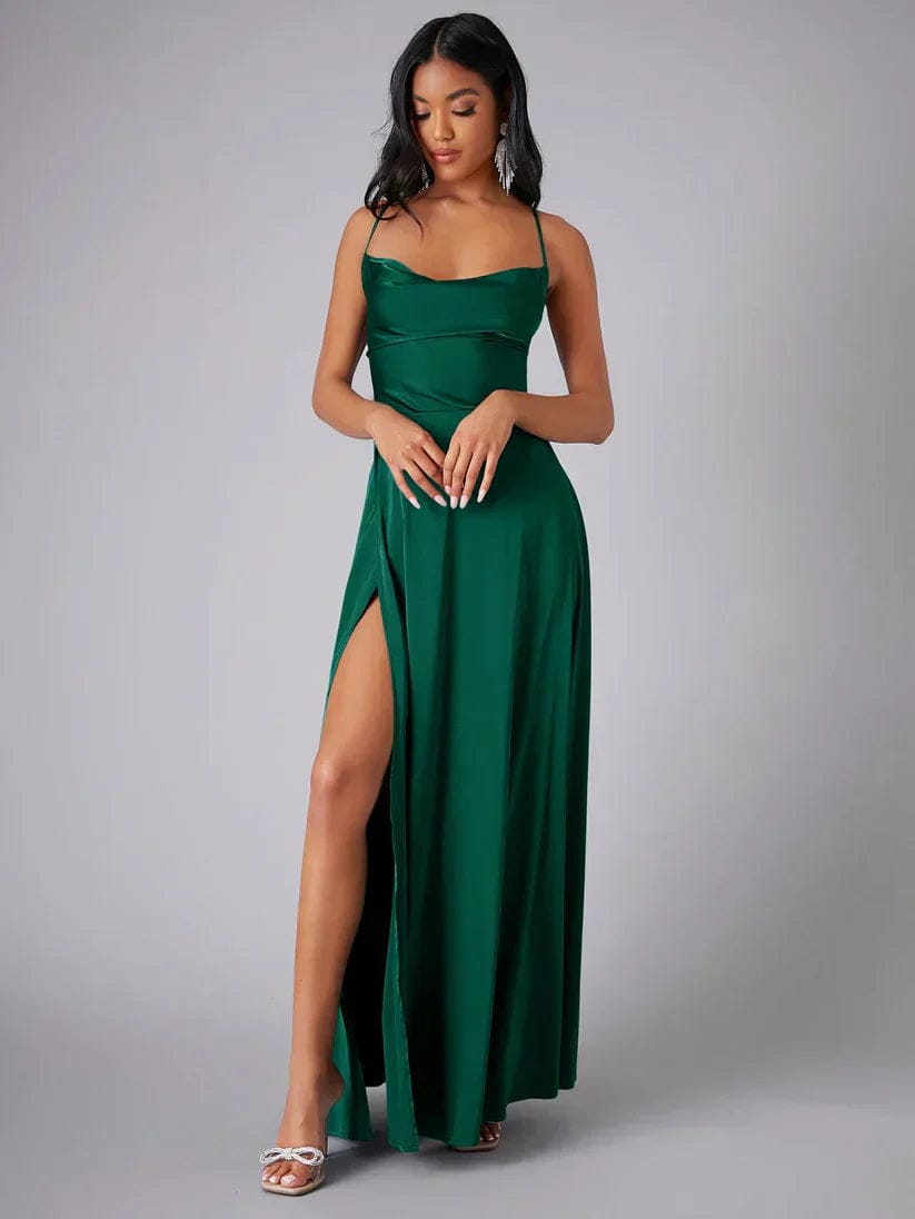 Velira Maxi Dress Žalia / S Suknelė su spaghetti petnešėlėmis, ilga, vakarui, su aukštu įpjovimu
