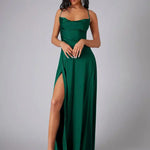 Velira Maxi Dress Žalia / S Suknelė su spaghetti petnešėlėmis, ilga, vakarui, su aukštu įpjovimu