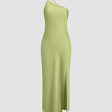 Velira Maxi Dress Žalia / XS Atvira Nugaros Satino Maxi Suknelė