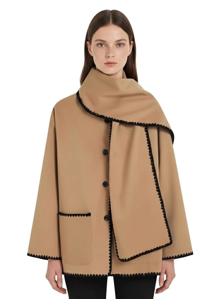 Velira Nellie | Black Wool Cape Coat with Contrast Trim Kupranugario / S Nellie | Juodas vilnos apsiaustas su kontrastingais akcentais