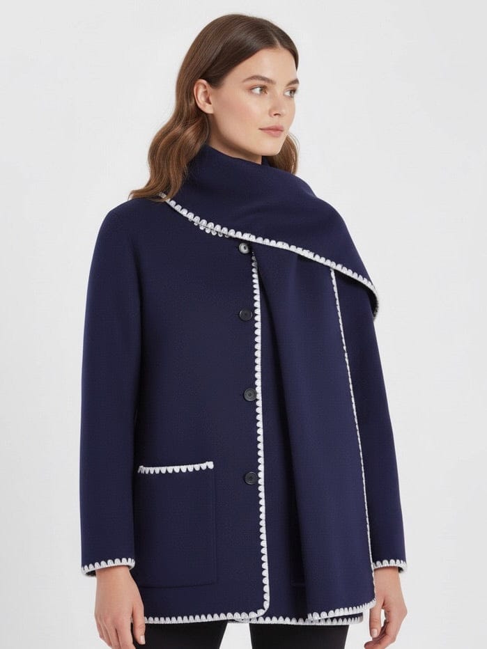 Velira Nellie | Black Wool Cape Coat with Contrast Trim Mėlyna / S Nellie | Juodas vilnos apsiaustas su kontrastingais akcentais