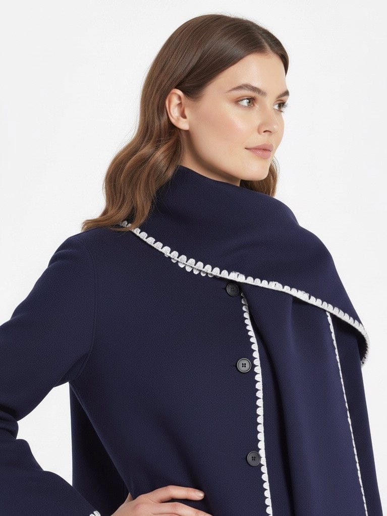Velira Nellie | Black Wool Cape Coat with Contrast Trim Nellie | Juodas vilnos apsiaustas su kontrastingais akcentais
