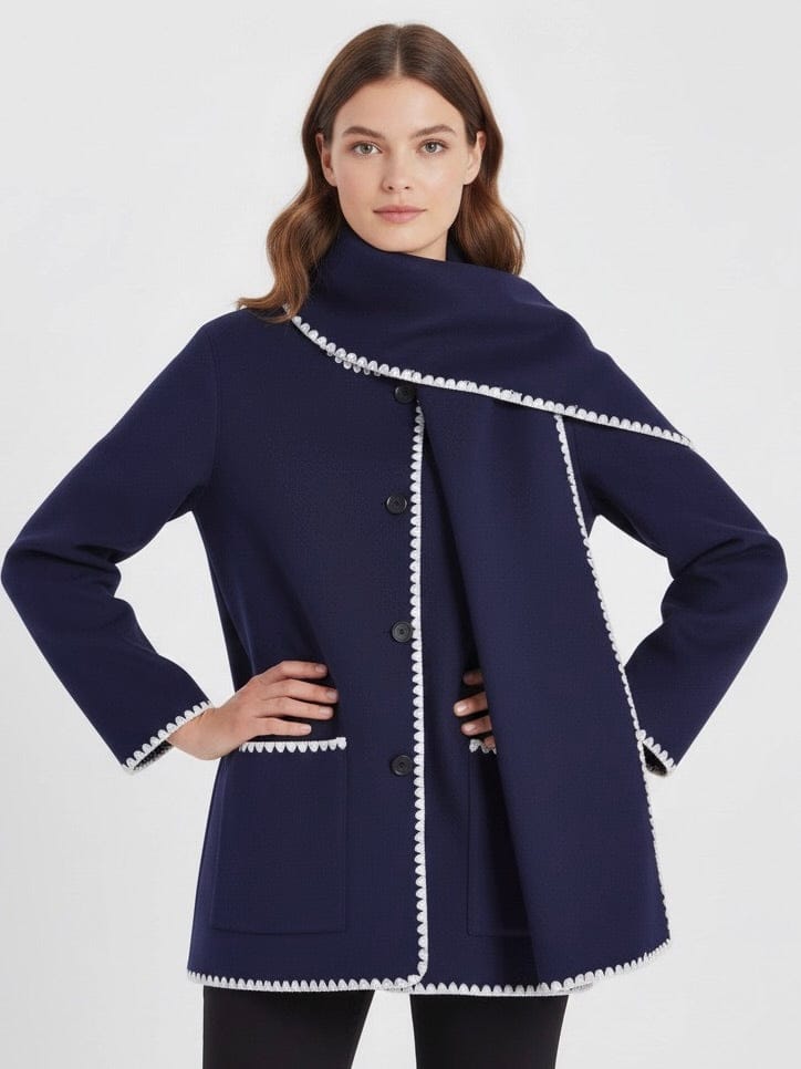 Velira Nellie | Black Wool Cape Coat with Contrast Trim Nellie | Juodas vilnos apsiaustas su kontrastingais akcentais