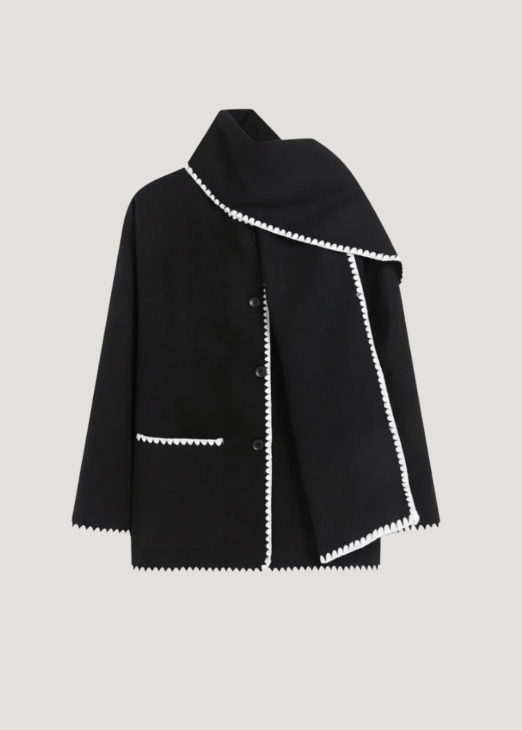 Velira Nellie | Black Wool Cape Coat with Contrast Trim Nellie | Juodas vilnos apsiaustas su kontrastingais akcentais