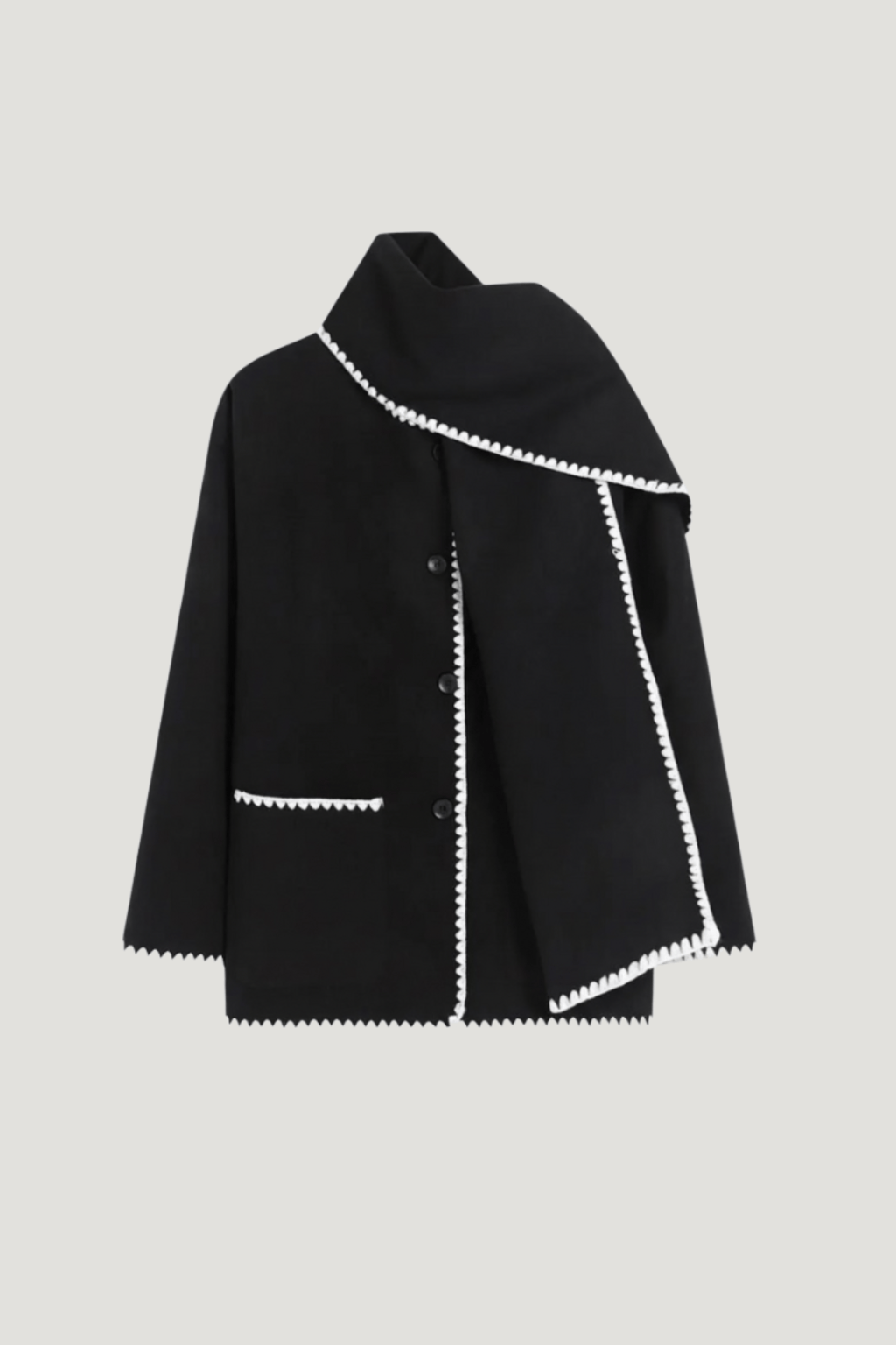 Velira Nellie | Black Wool Cape Coat with Contrast Trim Nellie | Juodas vilnos apsiaustas su kontrastingais akcentais