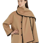 Velira Nellie | Black Wool Cape Coat with Contrast Trim Nellie | Juodas vilnos apsiaustas su kontrastingais akcentais
