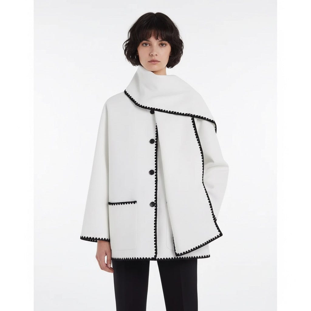Velira Nellie | Black Wool Cape Coat with Contrast Trim Ryški balta / S Nellie | Juodas vilnos apsiaustas su kontrastingais akcentais