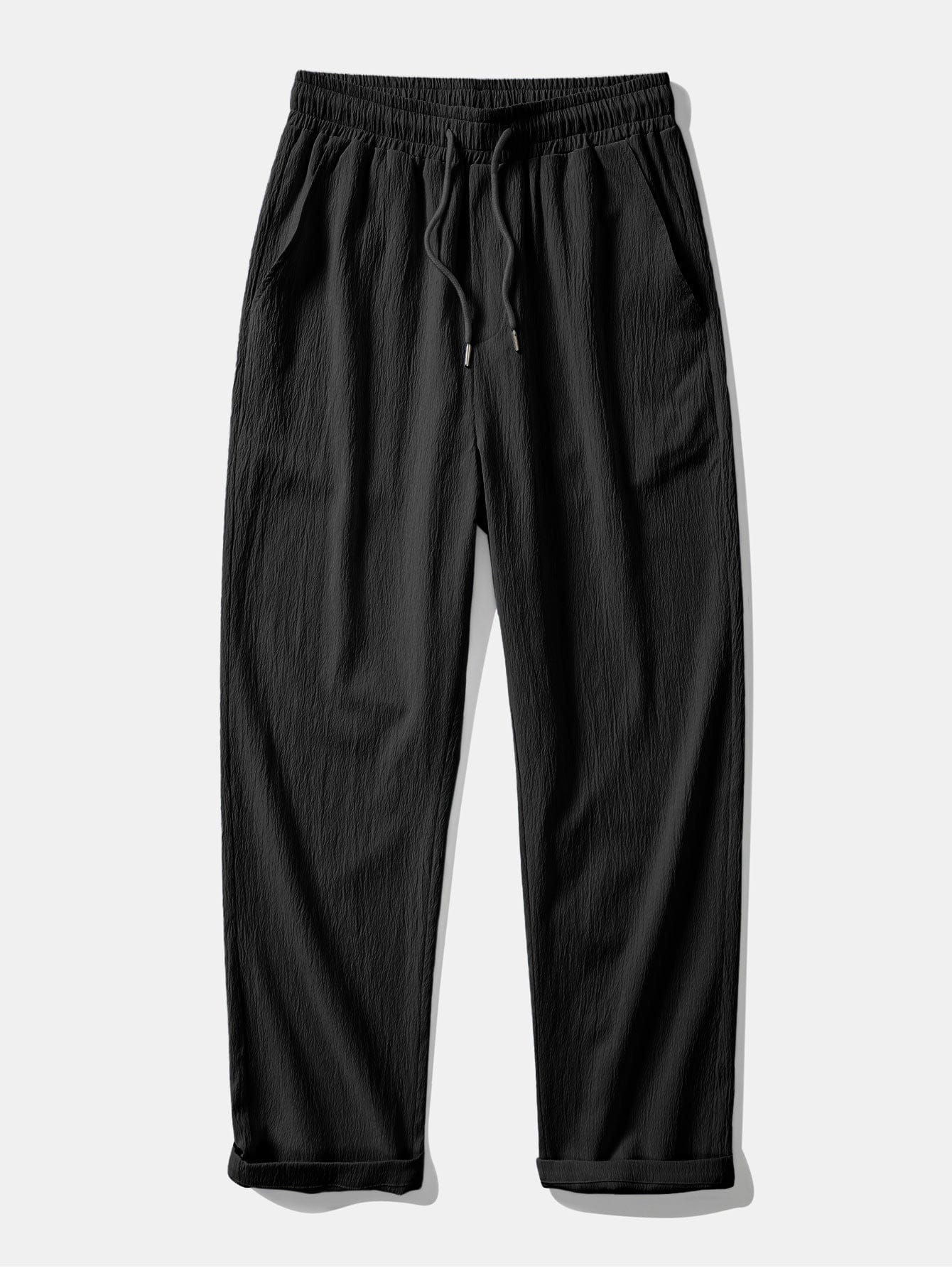Velira Pants juoda / S Susiraukšlėjęs tekstūruotas tiesių kojų kelnes