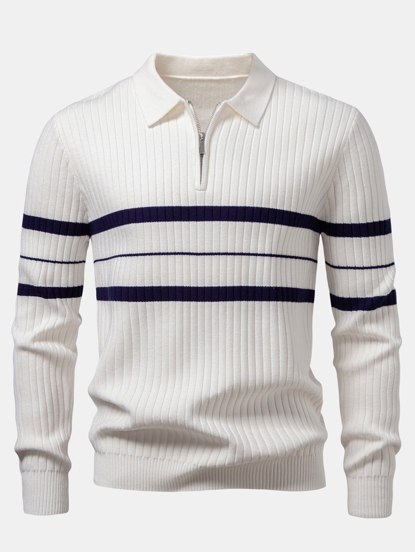 Velira Polo balta / XS Stripe Zip Knit Ribbed Polo Marškiniai