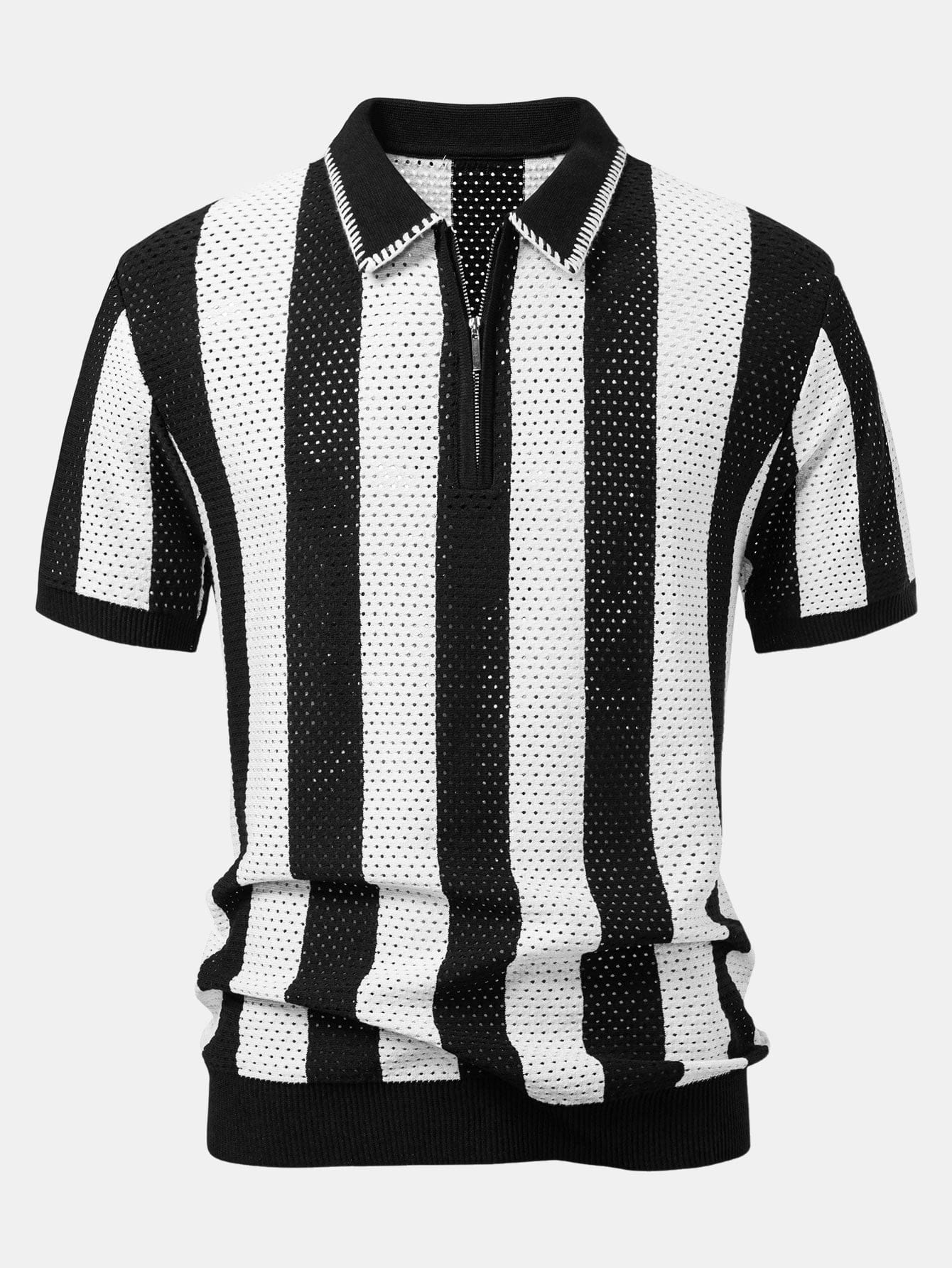 Velira Polo juoda / XS Juostuotas akių mezgimo zip-up polo marškinėliai