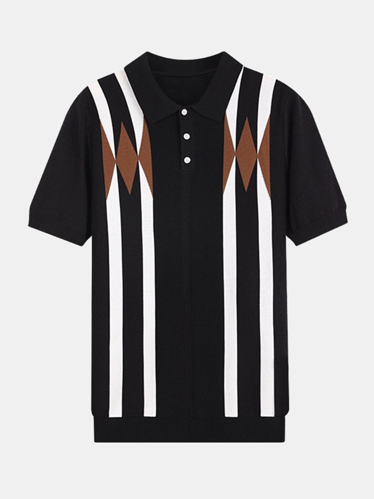 Velira Polo juoda / XS Juostuotas geometrinis žakardo megztas polo marškinėliai