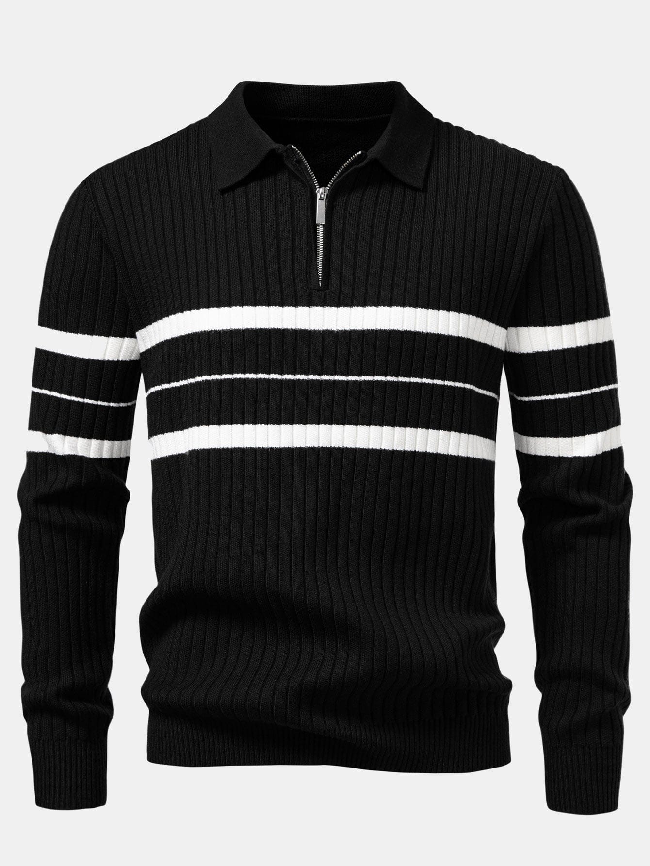 Velira Polo juoda / XS Stripe Zip Knit Ribbed Polo Marškiniai