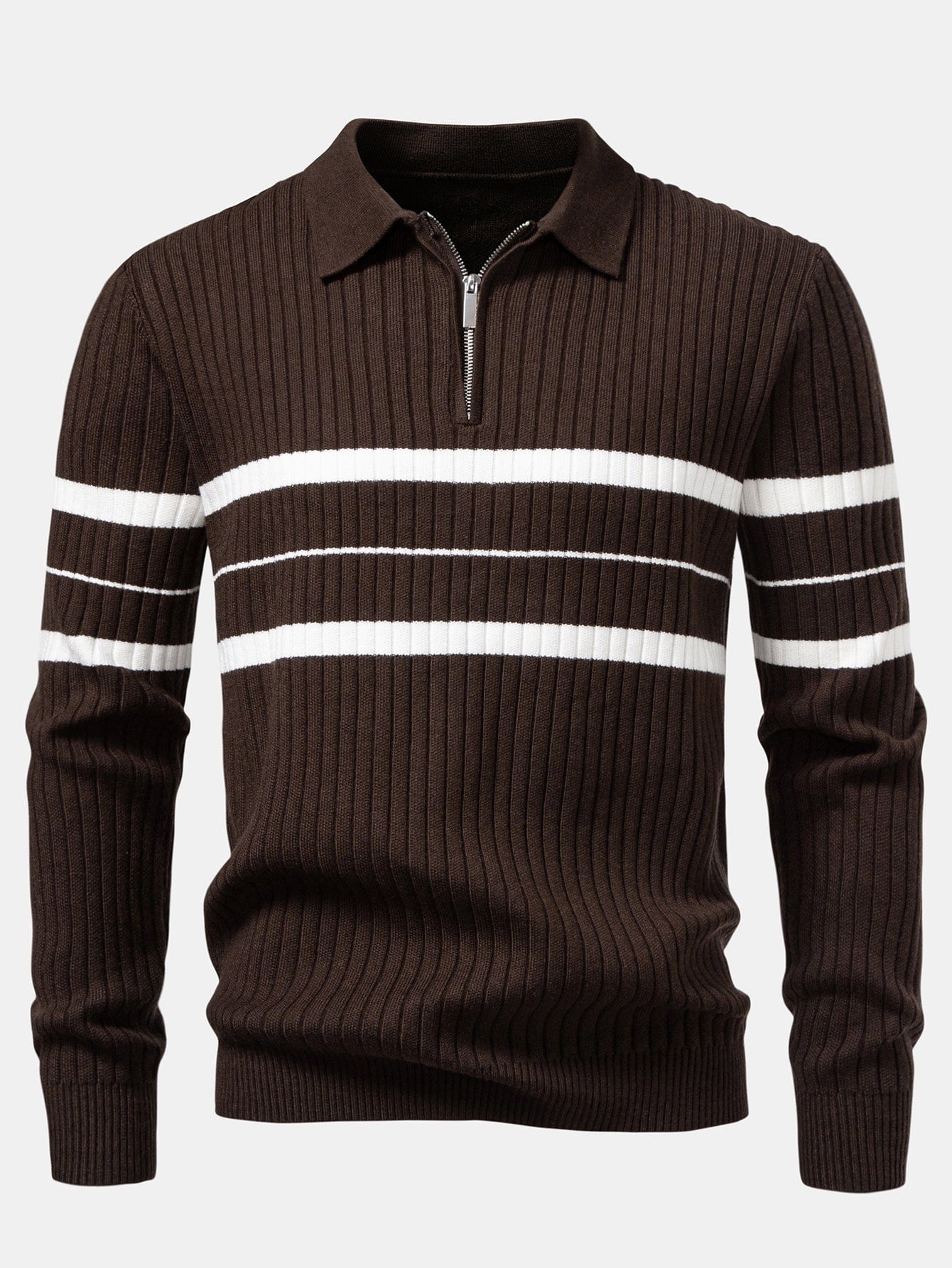 Velira Polo kava / XS Stripe Zip Knit Ribbed Polo Marškiniai