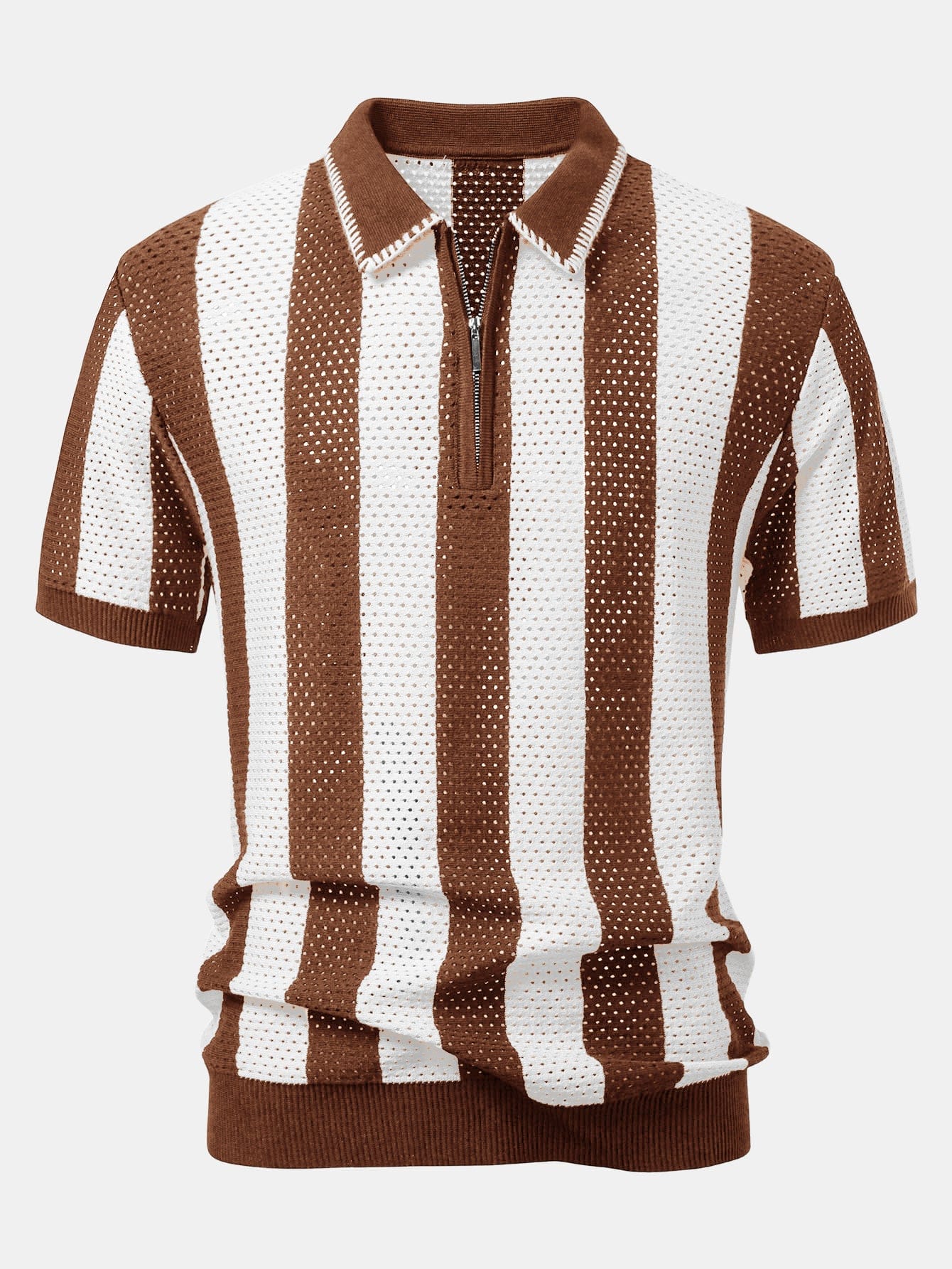 Velira Polo kavos / XS Juostuotas akių mezgimo zip-up polo marškinėliai