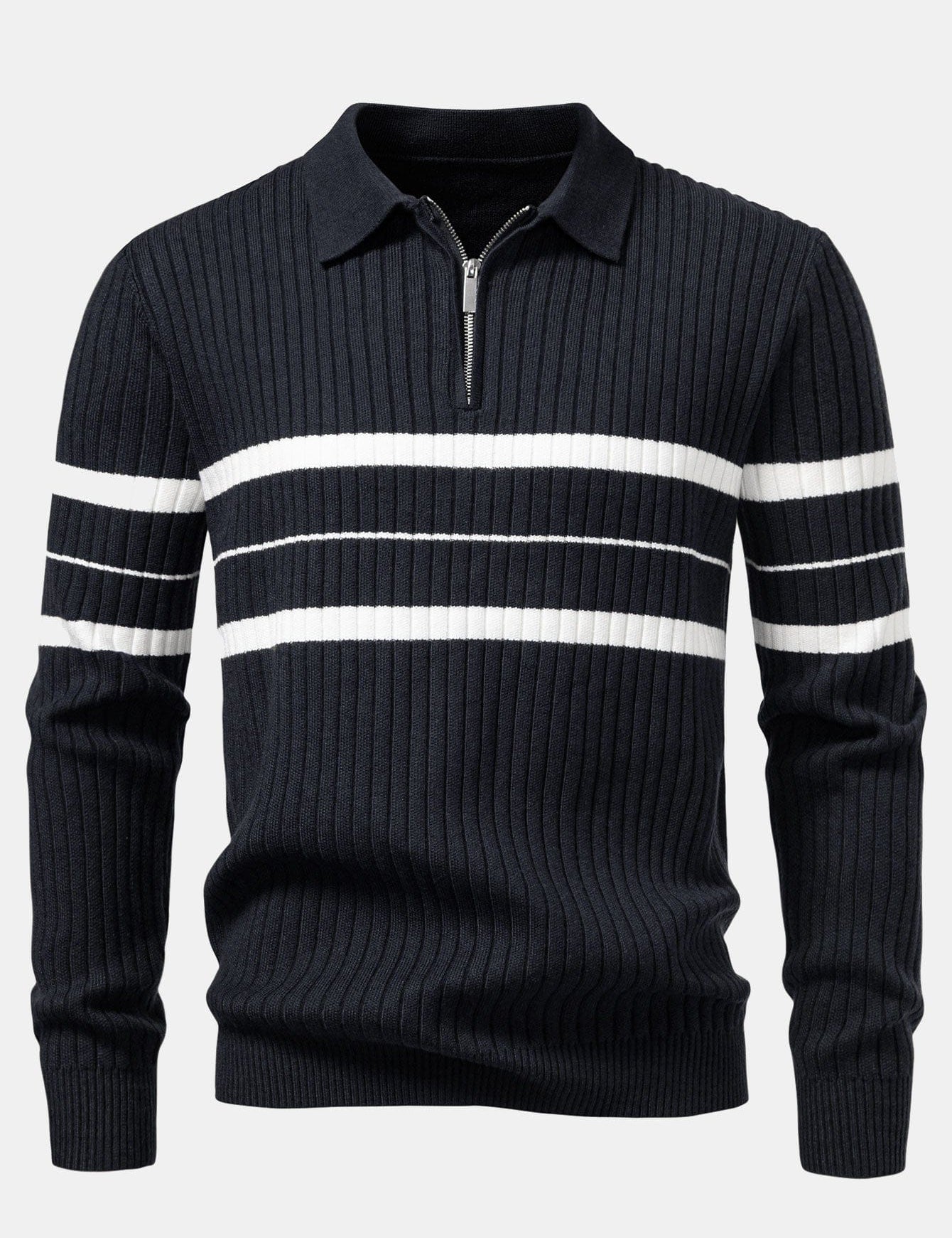 Velira Polo pilka / XS Stripe Zip Knit Ribbed Polo Marškiniai