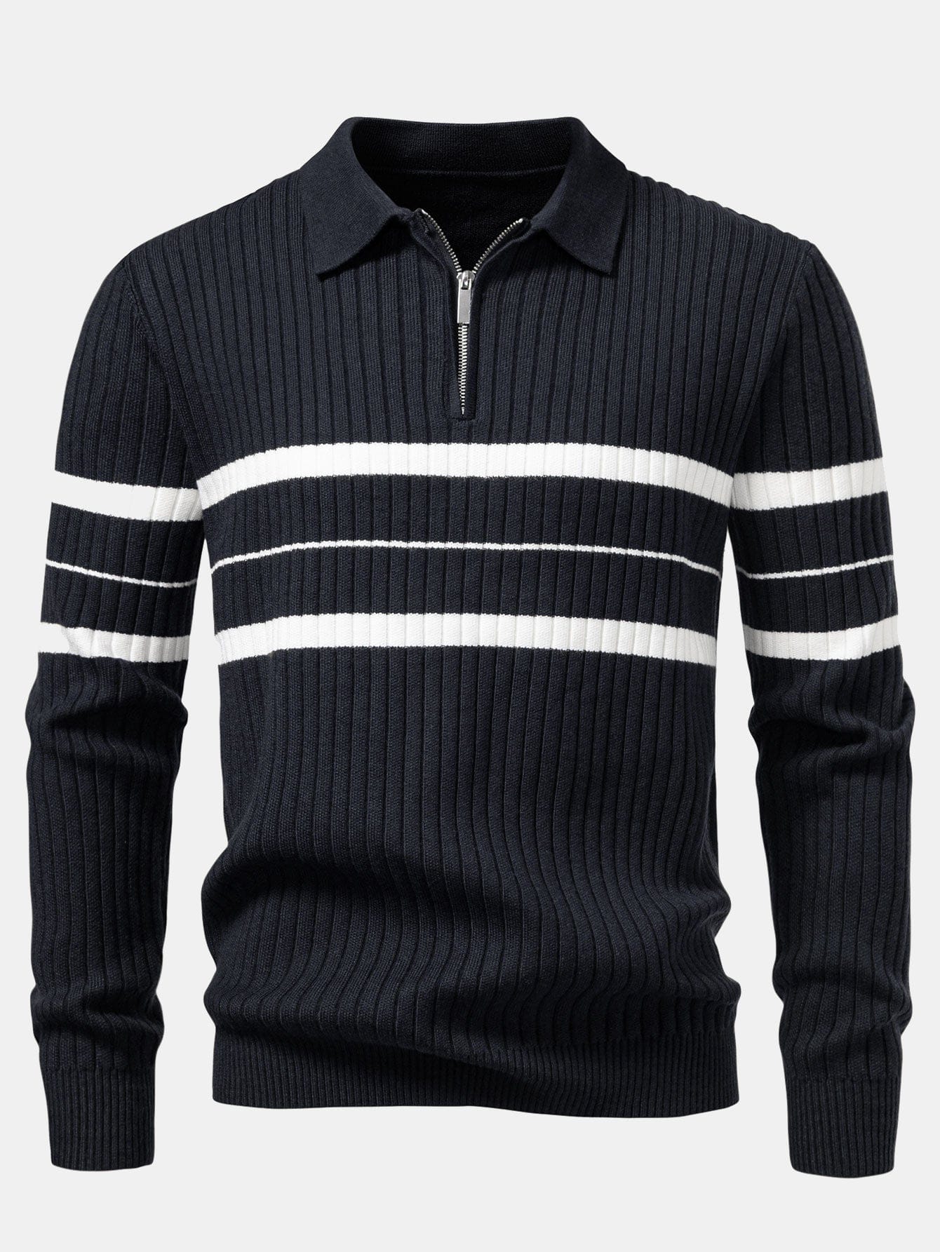 Velira Polo pilka / XS Stripe Zip Knit Ribbed Polo Marškiniai