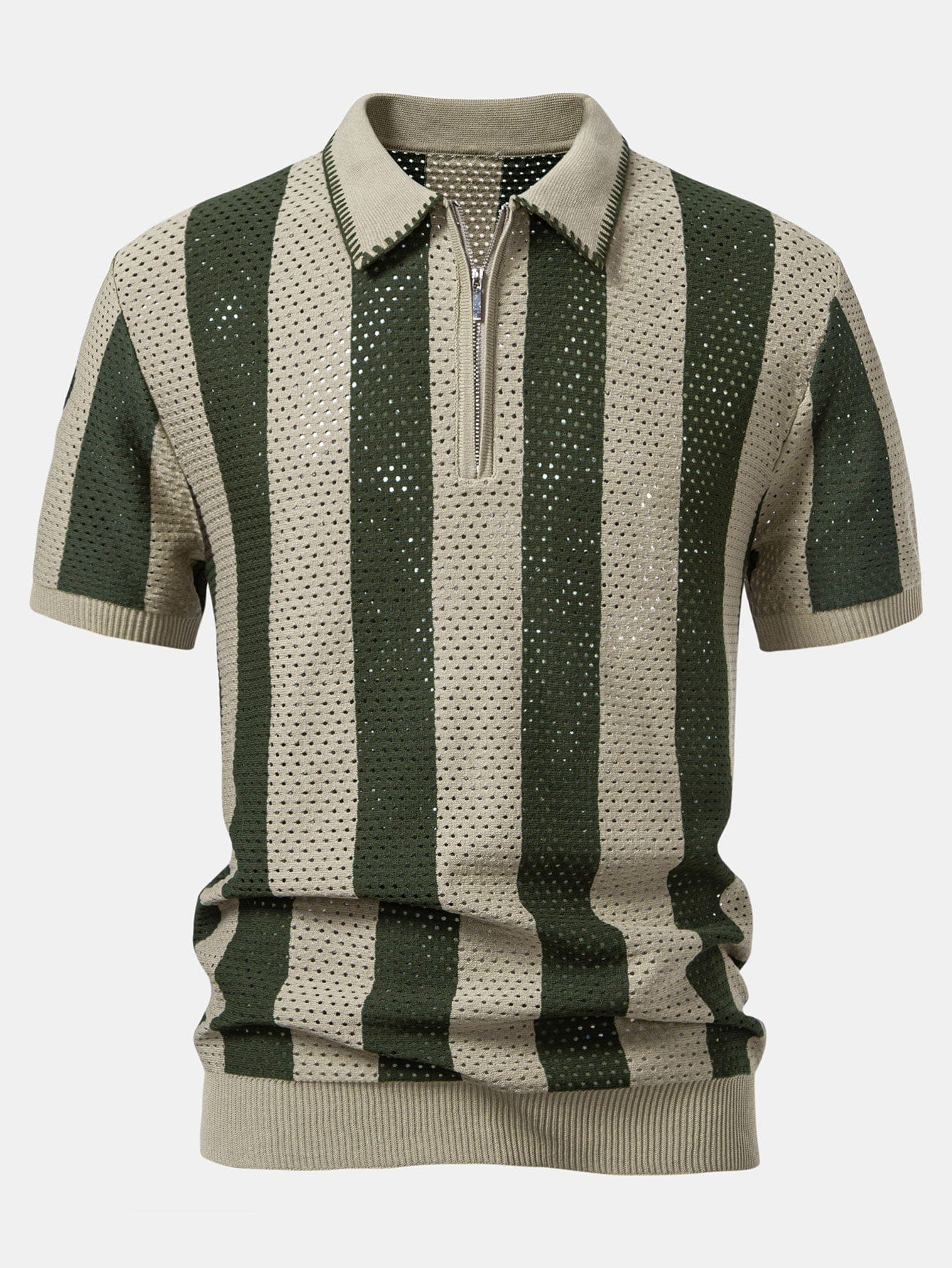 Velira Polo smėlio / XS Juostuotas akių mezgimo zip-up polo marškinėliai
