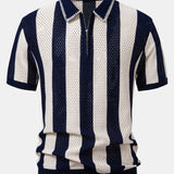 Velira Polo tamsiai mėlyna / XS Juostuotas akių mezgimo zip-up polo marškinėliai