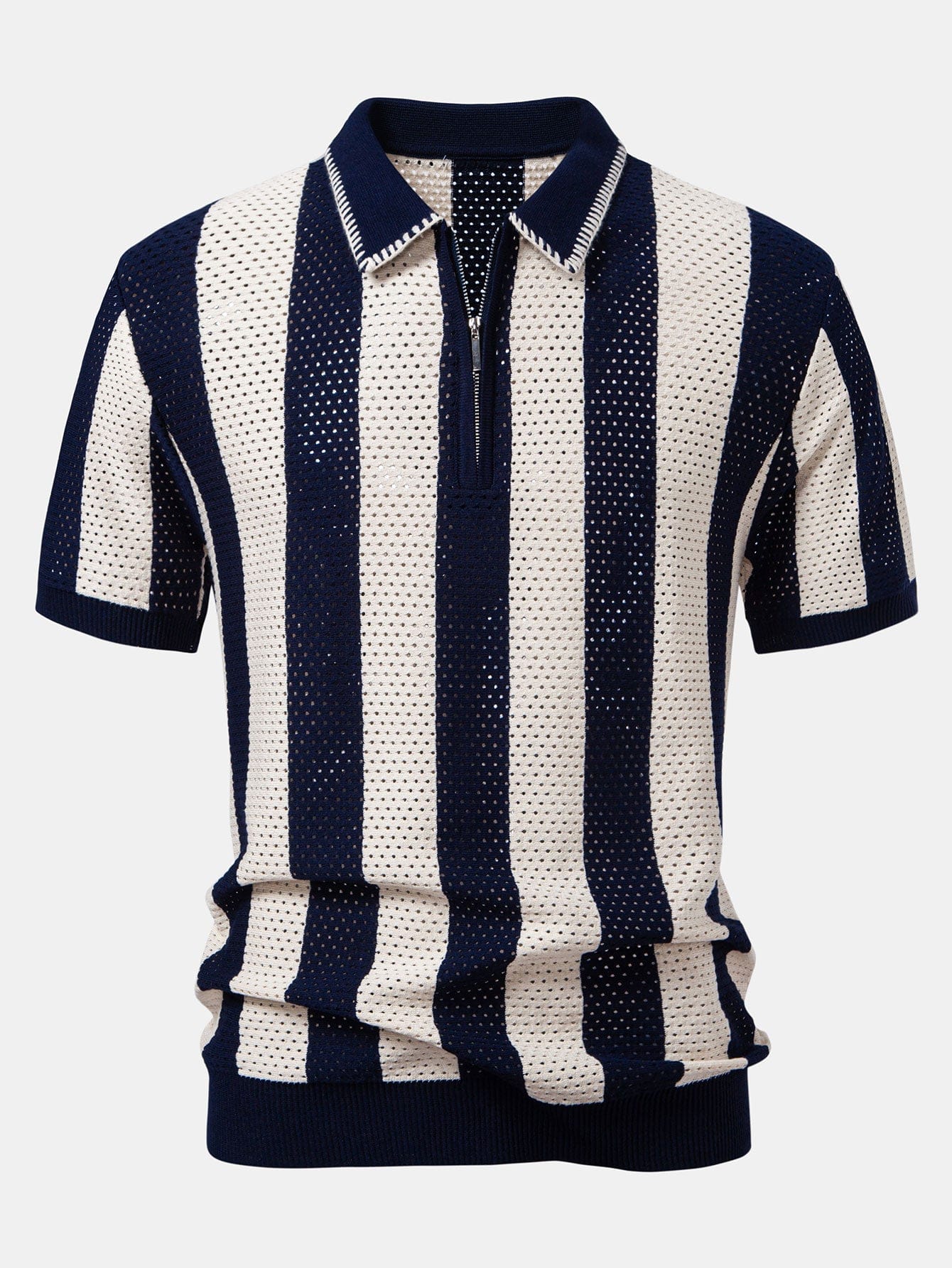 Velira Polo tamsiai mėlyna / XS Juostuotas akių mezgimo zip-up polo marškinėliai