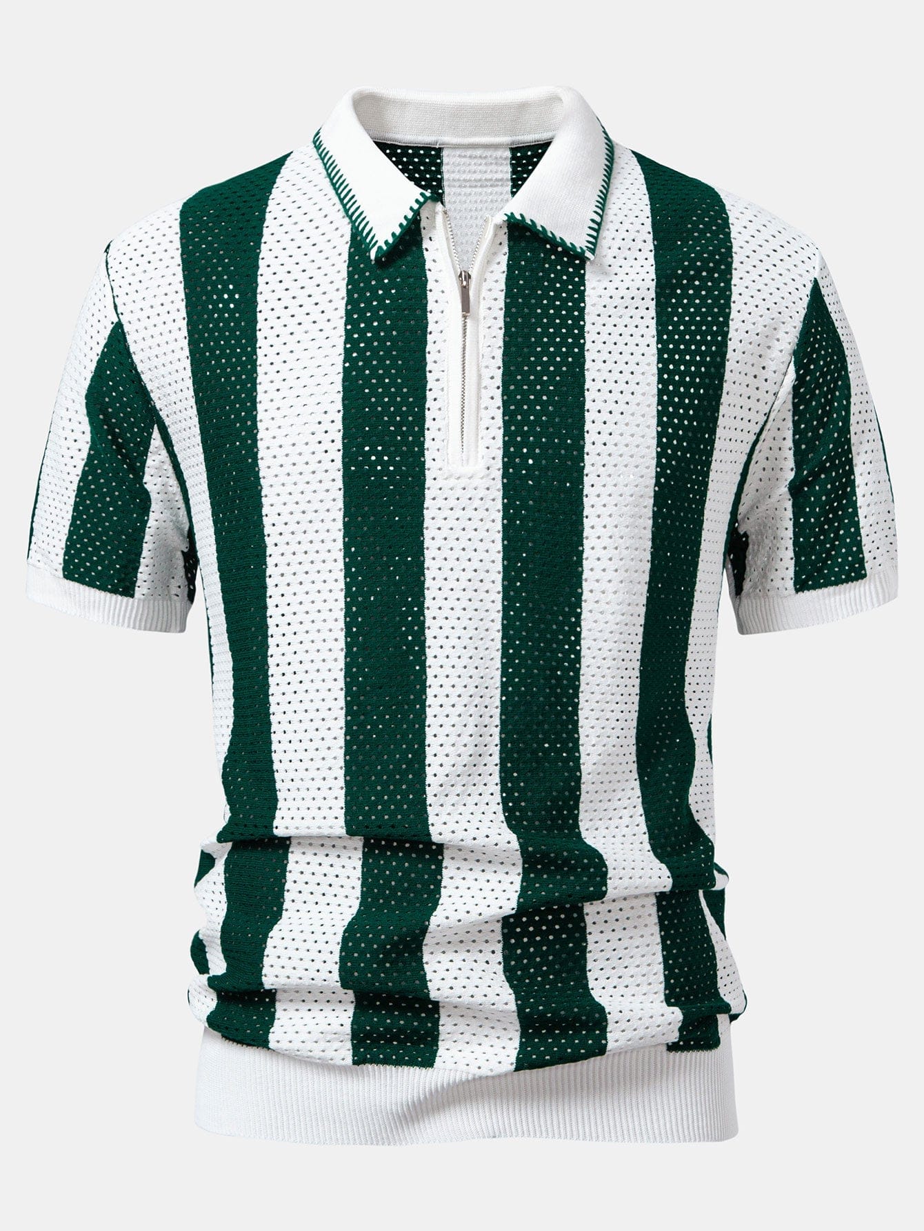 Velira Polo tamsiai žalia / XS Juostuotas akių mezgimo zip-up polo marškinėliai