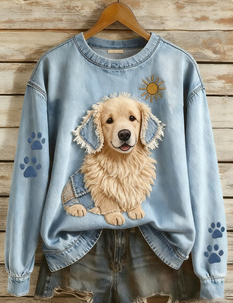 Velira S Chica™ | Džinsinio audinio patchwork marškiniai su šunų motyvais