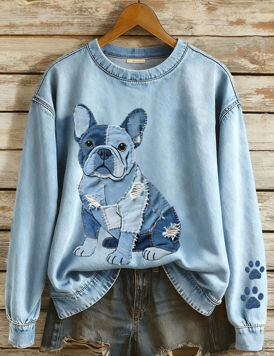 Velira S Nina™ | Džinsinio audinio patchwork marškiniai su šunų raštu