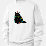 Velira Sweatshirts Balta / XS Spalvinga Lengva Juoda Katė Spauda Laisvas Fit Megztinis