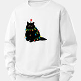 Velira Sweatshirts Balta / XS Spalvinga Lengva Juoda Katė Spauda Laisvas Fit Megztinis