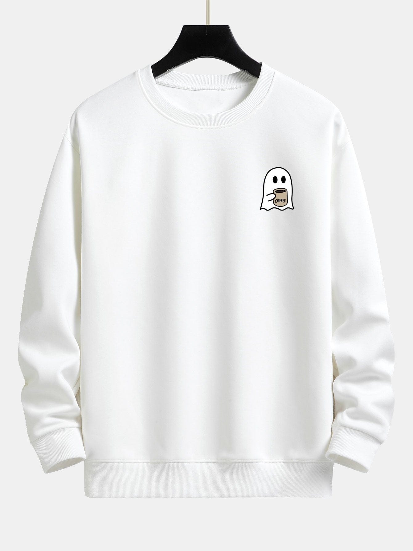 Velira Sweatshirts balta / XS Vaiduoklis, geriantis kavą, spauda, laisvas kirpimas, džemperis