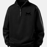 Velira Sweatshirts Juoda / XS Atsipalaidavęs Juodas Katės Spaudos Ketvirčio Užtrauktukas Megztinis