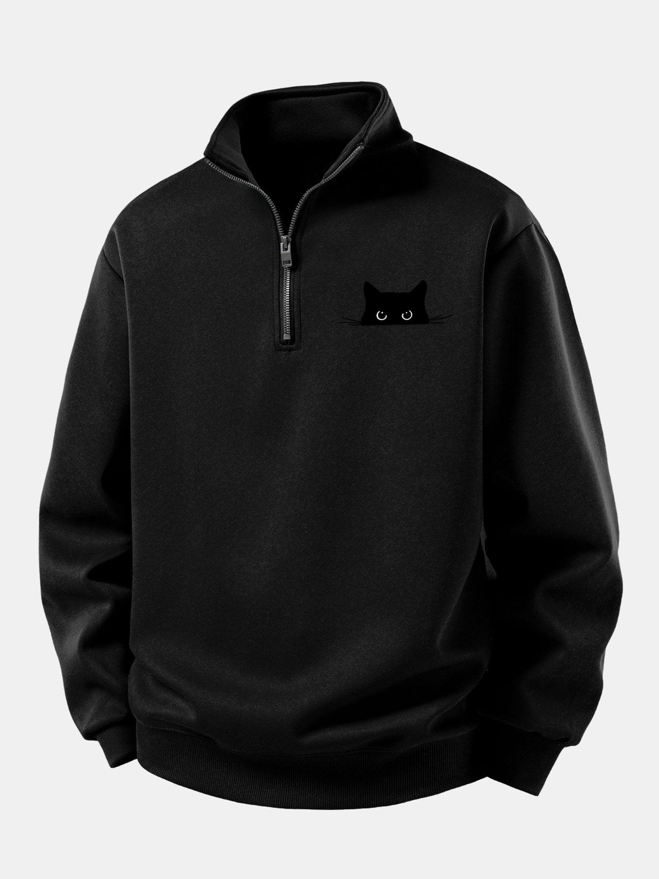 Velira Sweatshirts Juoda / XS Atsipalaidavęs Juodas Katės Spaudos Ketvirčio Užtrauktukas Megztinis