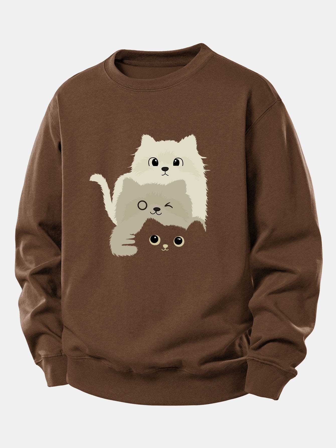 Velira Sweatshirts Kavos / XS Trys Katės Spauda Laisvo Pjūvio Džemperis