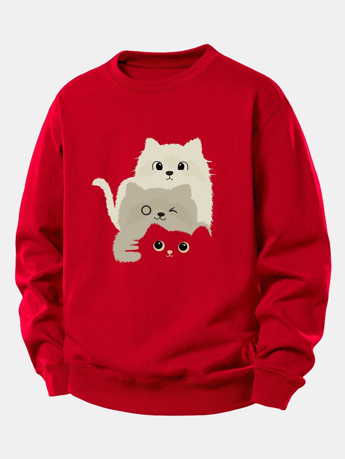 Velira Sweatshirts Raudona / XS Trys Katės Spauda Laisvo Pjūvio Džemperis