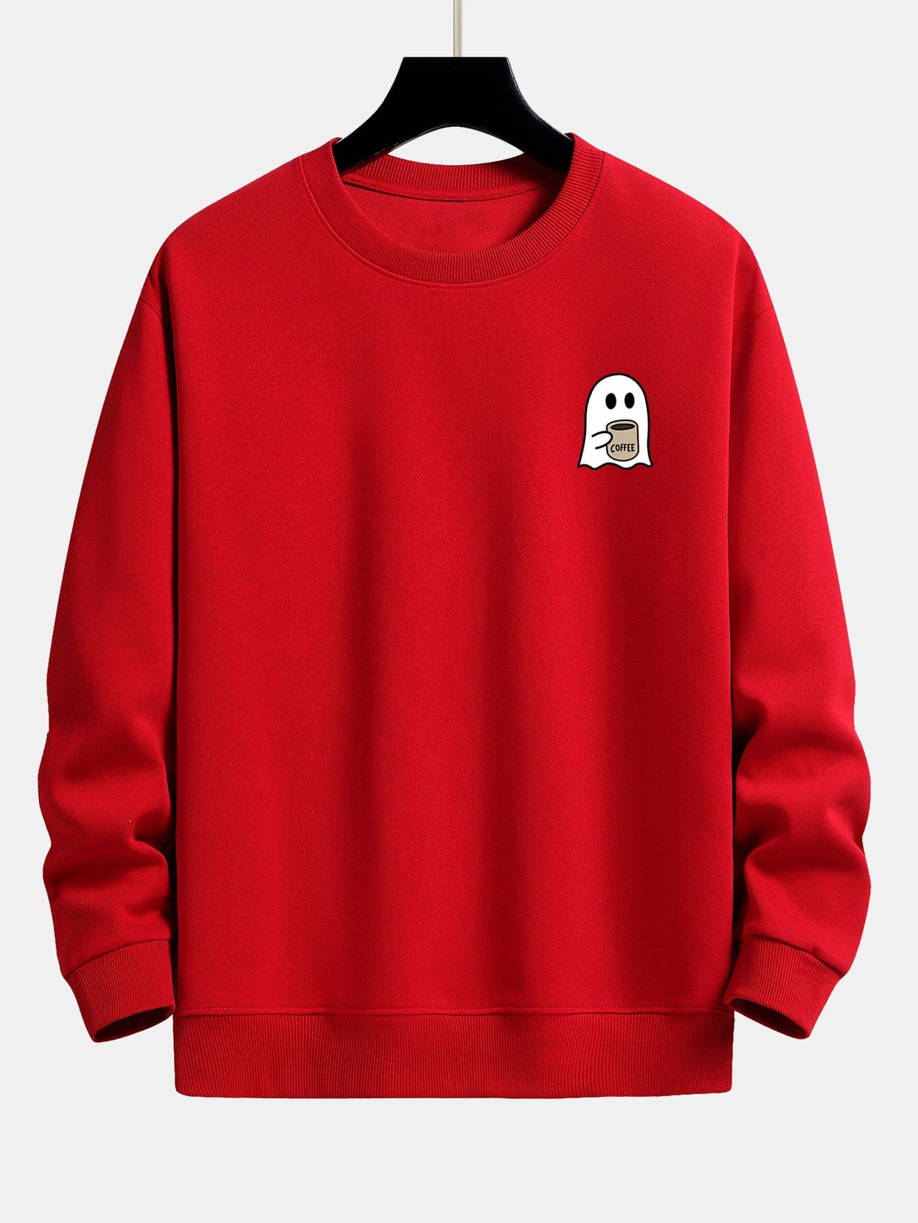 Velira Sweatshirts raudona / XS Vaiduoklis, geriantis kavą, spauda, laisvas kirpimas, džemperis