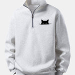 Velira Sweatshirts Sidabrinė / XS Atsipalaidavęs Juodas Katės Spaudos Ketvirčio Užtrauktukas Megztinis