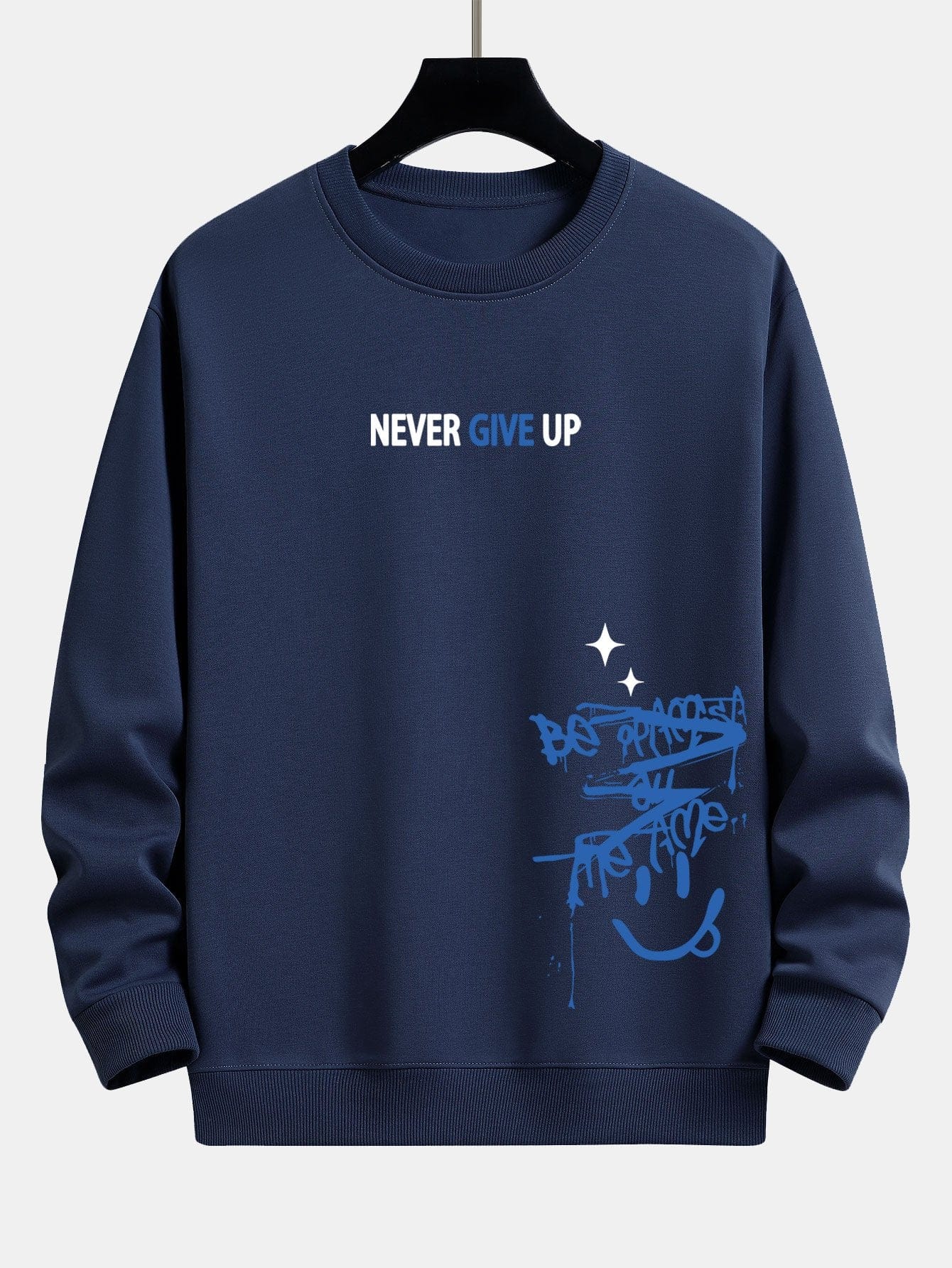 Velira Sweatshirts tamsiai mėlyna / XS Niekuomet nepasiduok Šypsenėlės Spauda Laisvo Kirpimo Megztinis