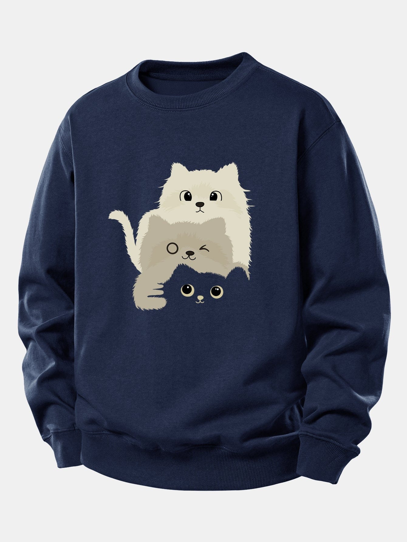 Velira Sweatshirts Tamsiai mėlyna / XS Trys Katės Spauda Laisvo Pjūvio Džemperis