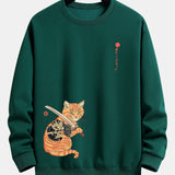 Velira Sweatshirts tamsiai žalia / S Samurajų Karo Katės Spauda Laisvo Pjūvio Džemperis