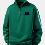 Velira Sweatshirts Tamsiai žalia / XS Atsipalaidavęs Juodas Katės Spaudos Ketvirčio Užtrauktukas Megztinis