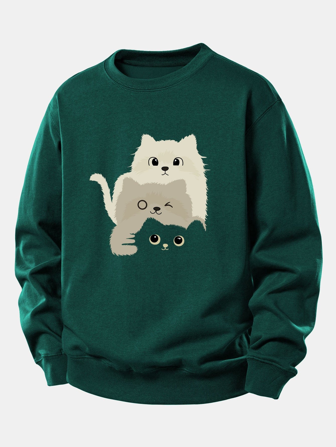 Velira Sweatshirts Tamsiai žalia / XS Trys Katės Spauda Laisvo Pjūvio Džemperis