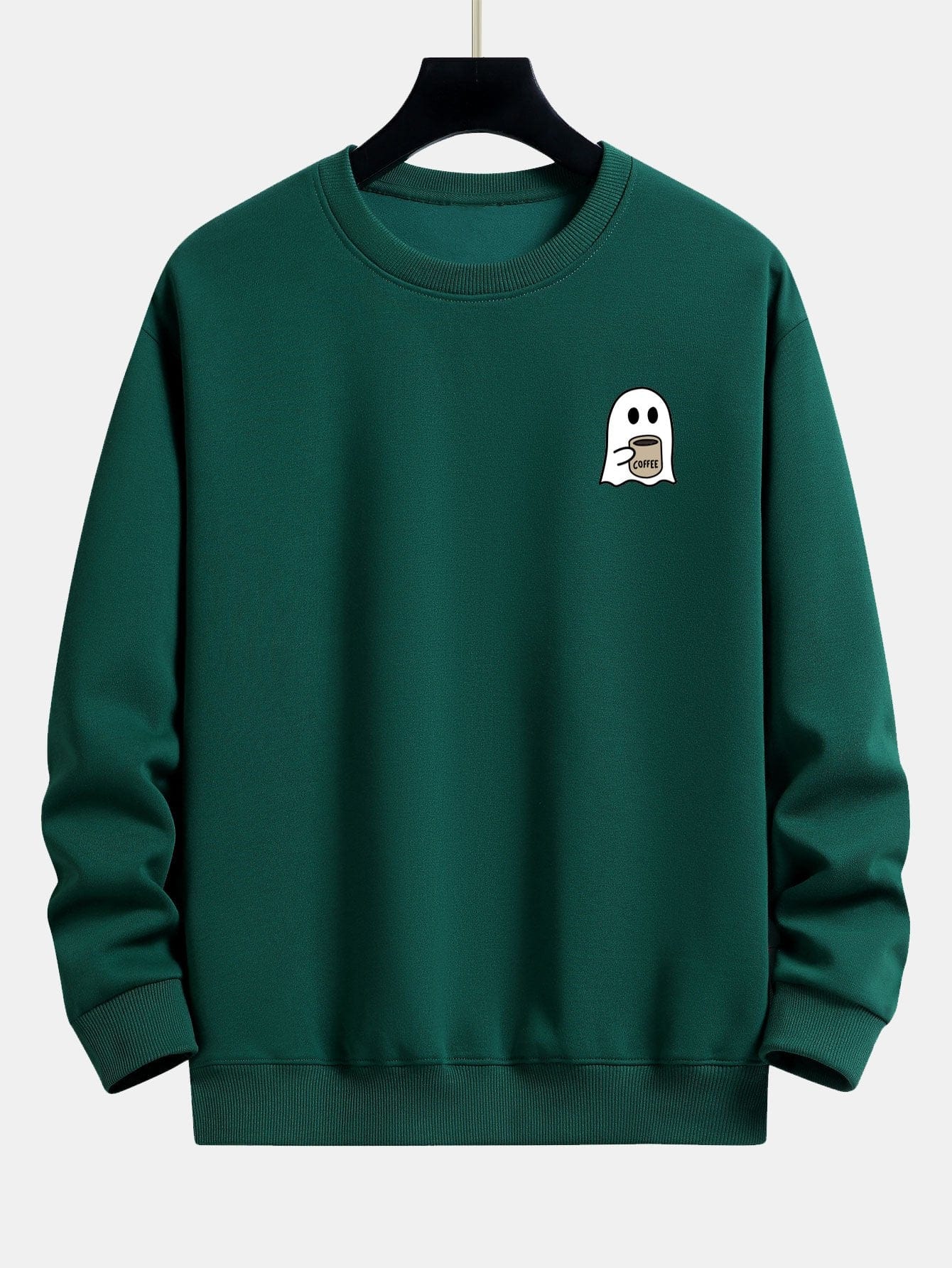 Velira Sweatshirts tamsiai žalia / XS Vaiduoklis, geriantis kavą, spauda, laisvas kirpimas, džemperis