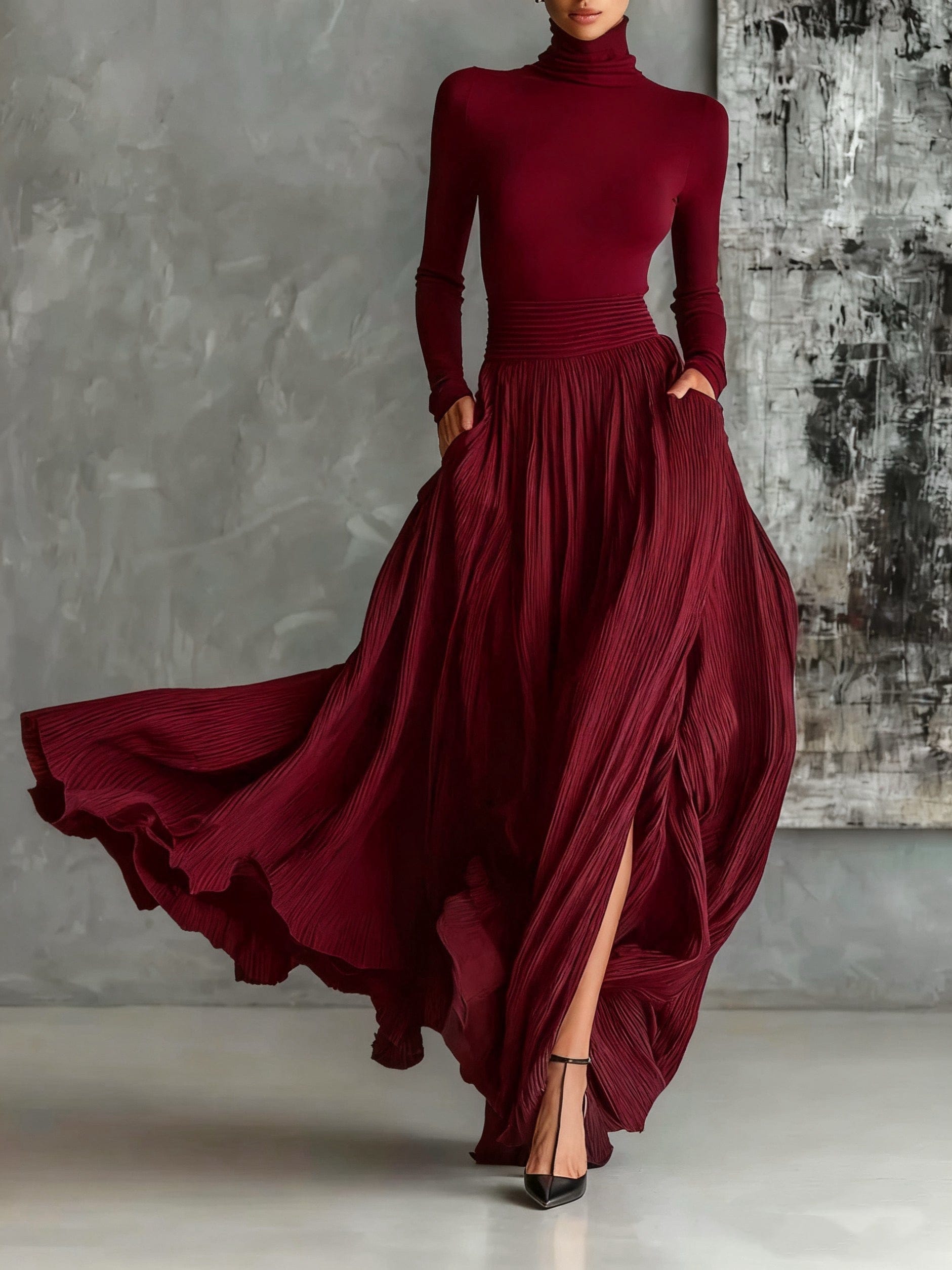 Velira Tamsiai raudona / S Eva™ | Elegantiškas komplektas su plisuota sijonu