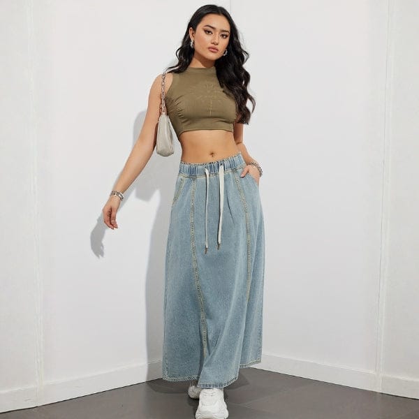 Velira Trousers & Bottoms Women Pakrantės Džinsinis Maxi Sijonas su Kordelėmis