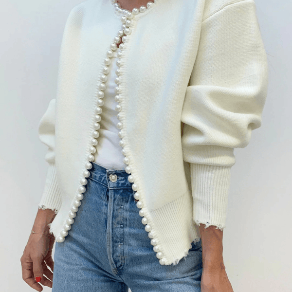 Velira Womens Knitwear Balta / Vienas dydis Amara Perlų Apykaklė Kardiganas