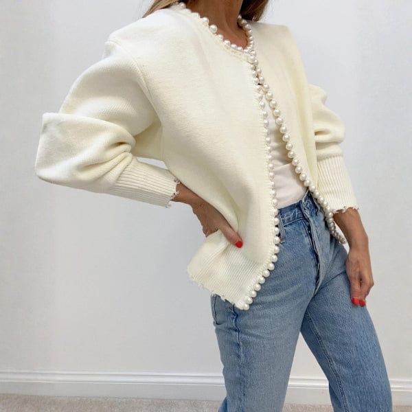 Velira Womens Knitwear Balta / Vienas dydis Monako Perlų Apdailos Megztinis Kardiganas