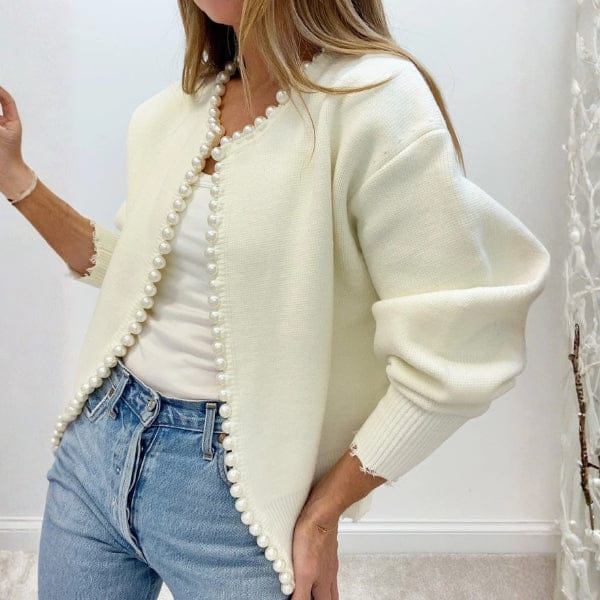 Velira Womens Knitwear Balta / Vienas dydis Monako Perlų Apdailos Megztinis Kardiganas