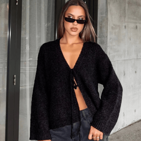 Velira Womens Knitwear Juoda / S Kopenhagos Kardiganas Su Kaklaraiščiu