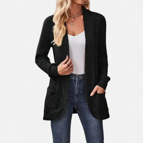 Velira Womens Knitwear Juoda / S Sonoma Ribbled Kišeninis Kardiganas