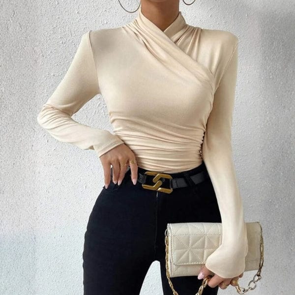 Velira Womens Tops Abrikosinė / S Capri Wrap-Neck Ruched Long Sleeve Top